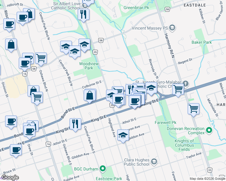 map of restaurants, bars, coffee shops, grocery stores, and more near 92 Claymore Crescent in Oshawa