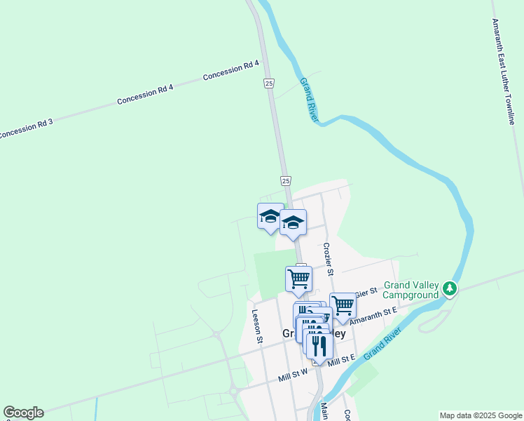 map of restaurants, bars, coffee shops, grocery stores, and more near 120 Main Street North in Grand Valley