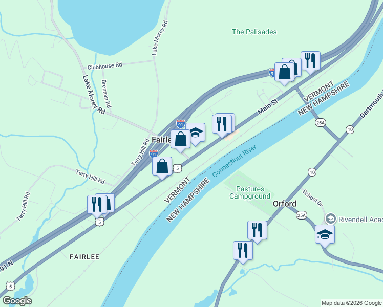 map of restaurants, bars, coffee shops, grocery stores, and more near 30 Lake Morey Road in Fairlee