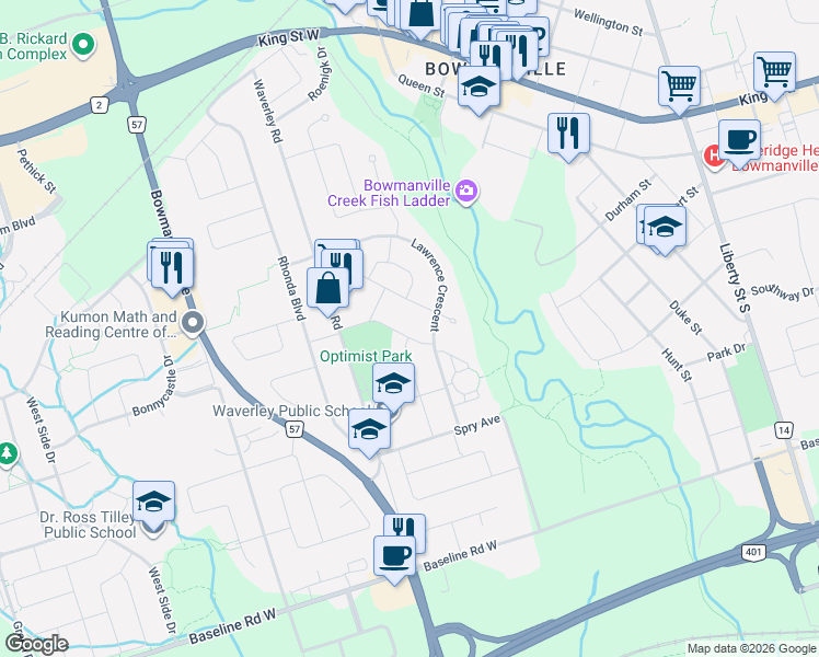 map of restaurants, bars, coffee shops, grocery stores, and more near 12 Quinn Drive in Durham Regional Municipality