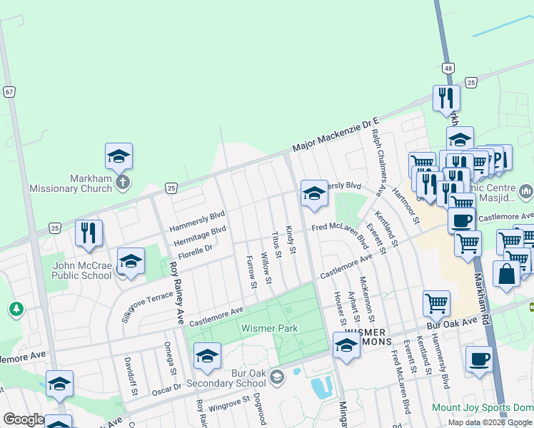 map of restaurants, bars, coffee shops, grocery stores, and more near 50 Titus Street in Markham