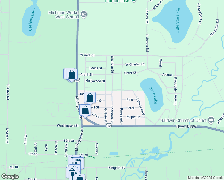 map of restaurants, bars, coffee shops, grocery stores, and more near 1459 Sheridan Street in Baldwin