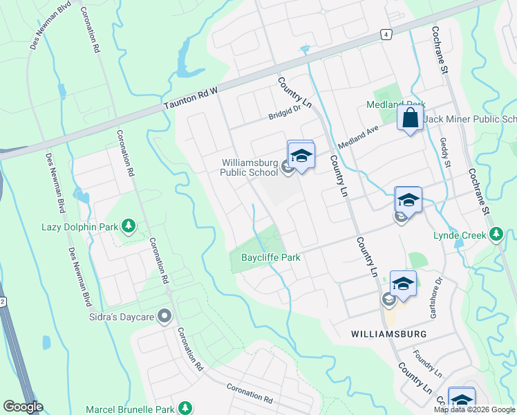 map of restaurants, bars, coffee shops, grocery stores, and more near 50 Baycliffe Drive in Whitby
