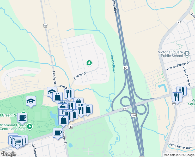 map of restaurants, bars, coffee shops, grocery stores, and more near 46 Gerden Drive in Richmond Hill