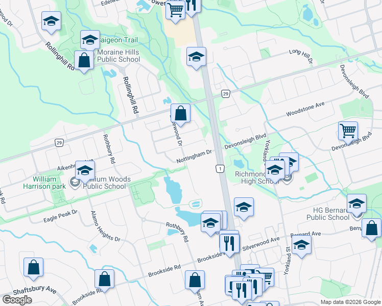 map of restaurants, bars, coffee shops, grocery stores, and more near 40 Nottingham Drive in Richmond Hill