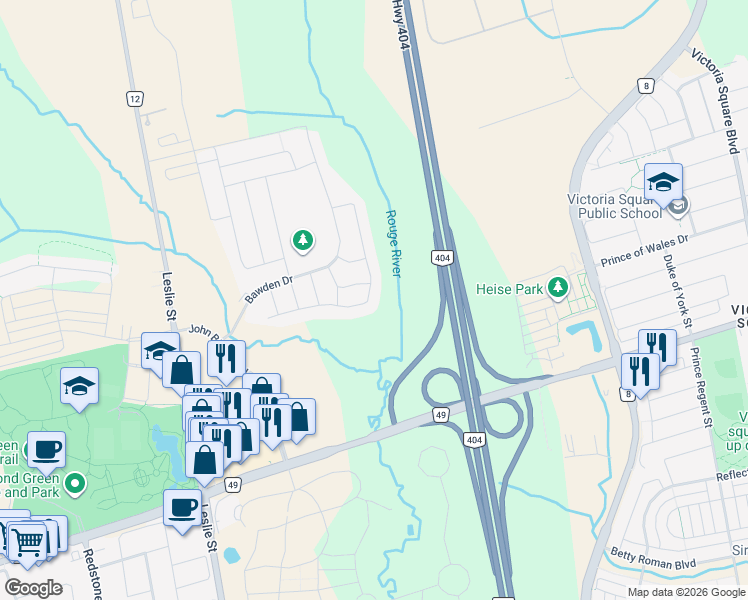 map of restaurants, bars, coffee shops, grocery stores, and more near 71 Gerden Drive in Richmond Hill