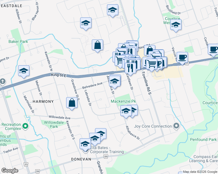 map of restaurants, bars, coffee shops, grocery stores, and more near 52 Athabasca Street in Oshawa