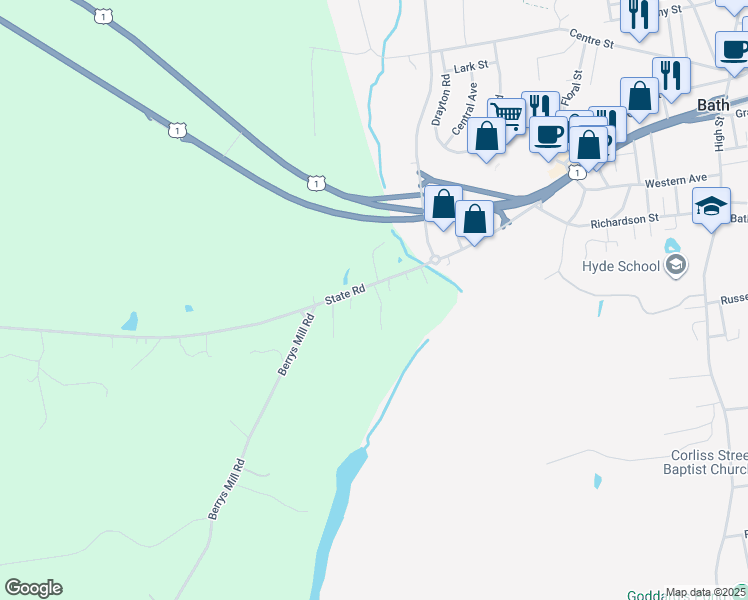 map of restaurants, bars, coffee shops, grocery stores, and more near 1 Lilly Pond Road in West Bath
