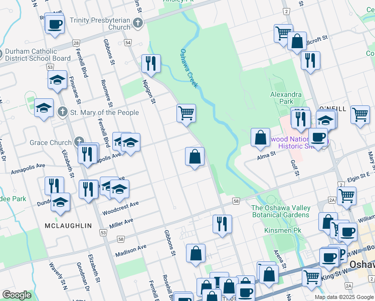 map of restaurants, bars, coffee shops, grocery stores, and more near in Oshawa