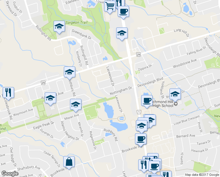 map of restaurants, bars, coffee shops, grocery stores, and more near 9 Firwood Drive in Richmond Hill