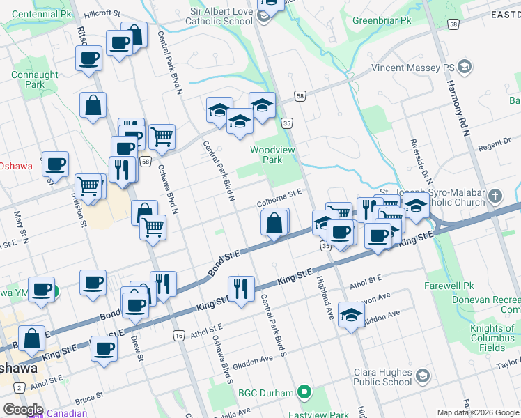 map of restaurants, bars, coffee shops, grocery stores, and more near 459 Colborne Street East in Oshawa