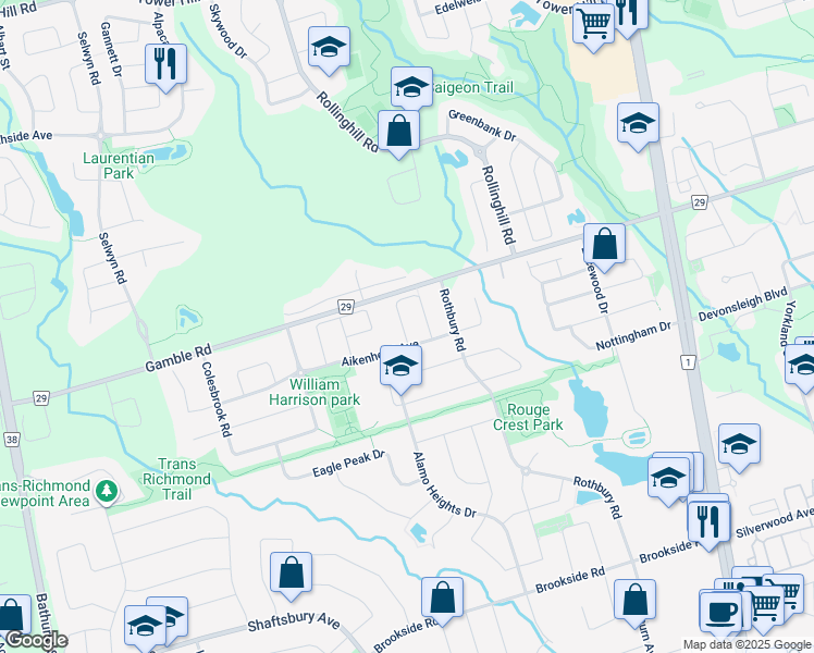 map of restaurants, bars, coffee shops, grocery stores, and more near 74 Maffey Crescent in Richmond Hill
