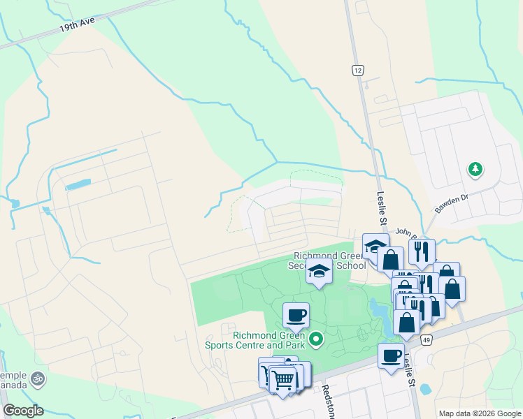 map of restaurants, bars, coffee shops, grocery stores, and more near 100 Ness Drive in Richmond Hill
