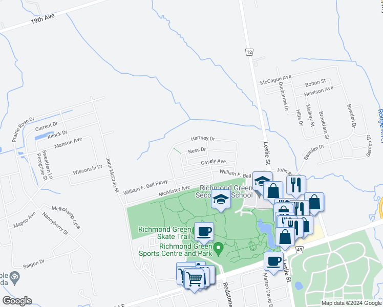 map of restaurants, bars, coffee shops, grocery stores, and more near 81 Ness Drive in Richmond Hill
