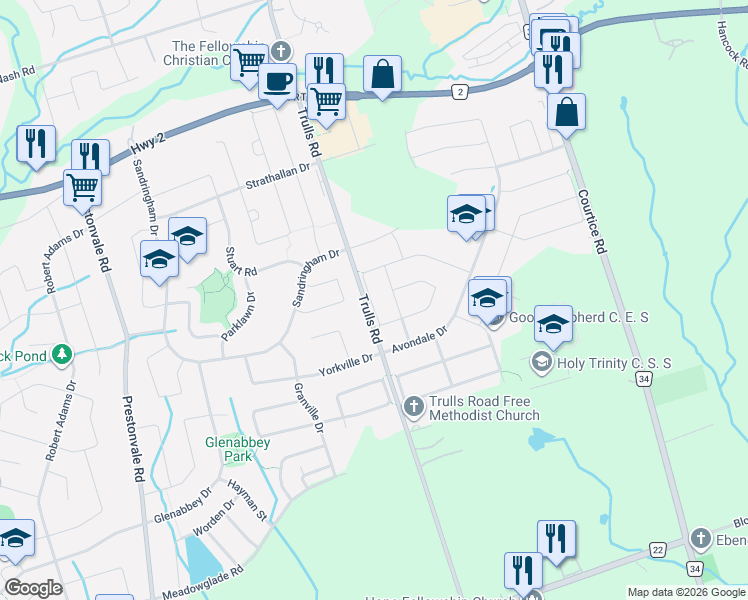 map of restaurants, bars, coffee shops, grocery stores, and more near 105 Brownstone Crescent in Clarington