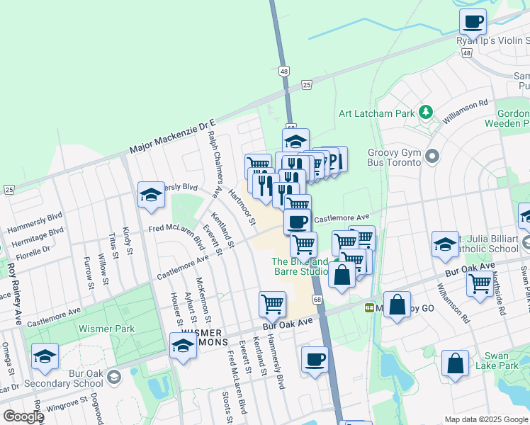map of restaurants, bars, coffee shops, grocery stores, and more near in Markham