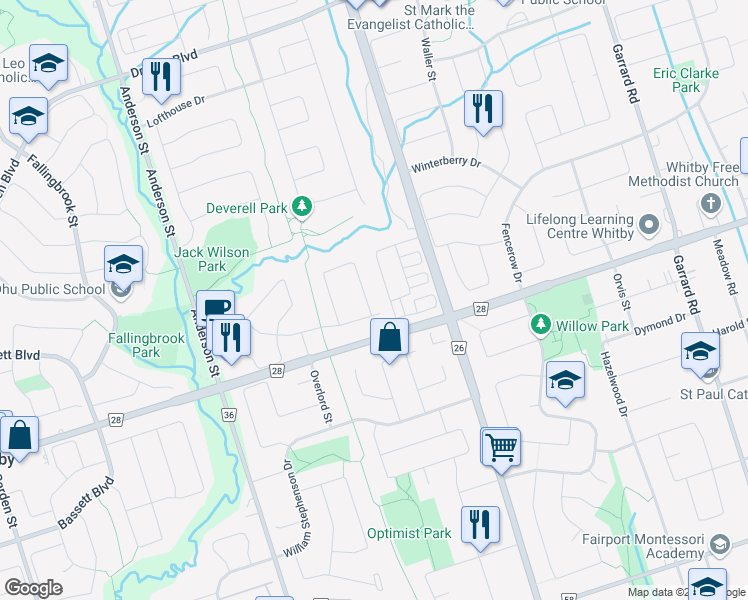 map of restaurants, bars, coffee shops, grocery stores, and more near 68 Flint Crescent in Whitby