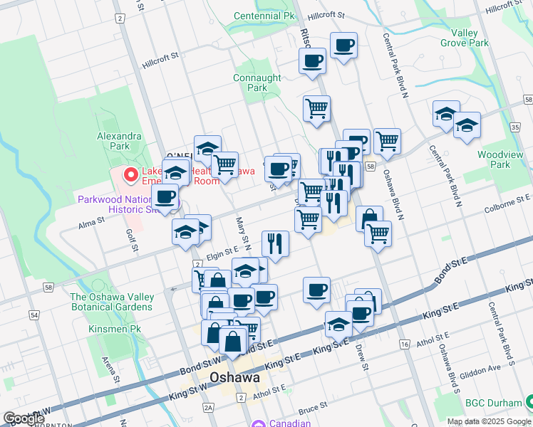 map of restaurants, bars, coffee shops, grocery stores, and more near in Oshawa