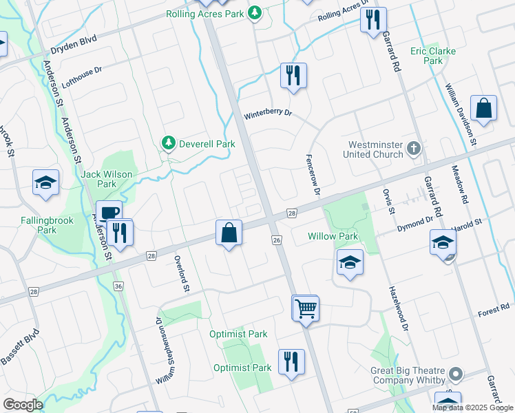 map of restaurants, bars, coffee shops, grocery stores, and more near 49 Porcelain Way in Whitby