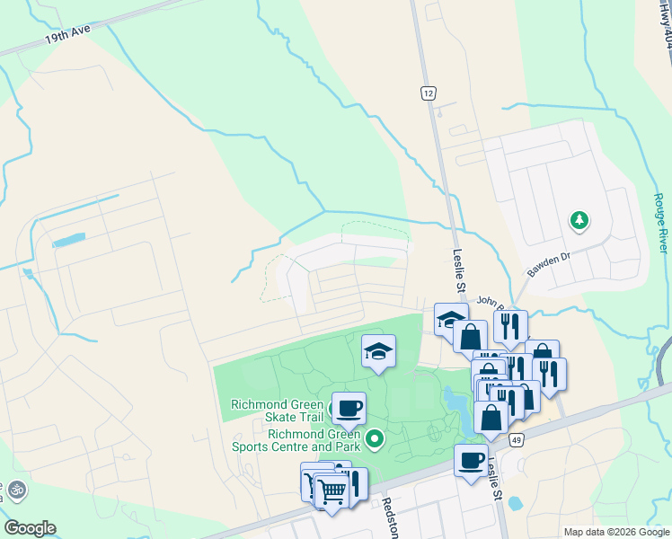 map of restaurants, bars, coffee shops, grocery stores, and more near 71 Ness Drive in Richmond Hill