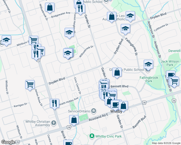map of restaurants, bars, coffee shops, grocery stores, and more near 63 Candlebrook Drive in Whitby