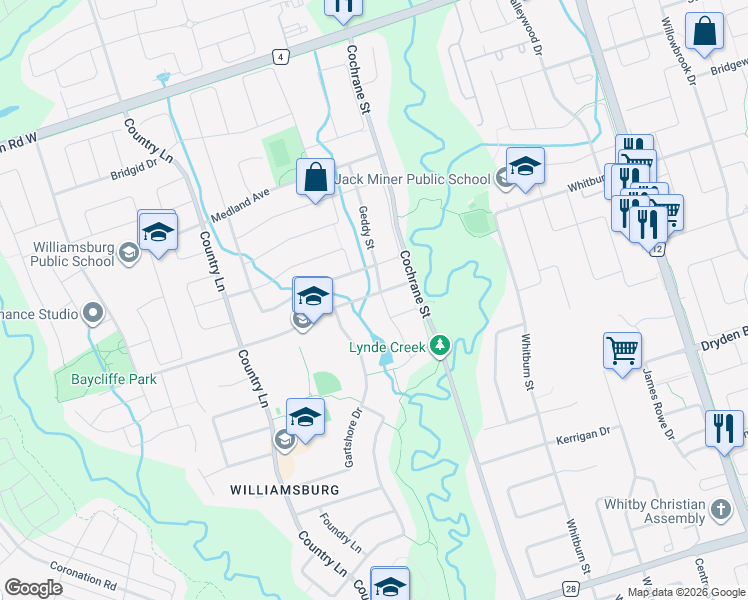 map of restaurants, bars, coffee shops, grocery stores, and more near 16 Twin Streams Road in Whitby