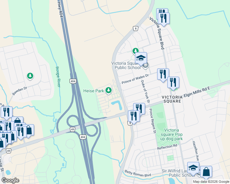 map of restaurants, bars, coffee shops, grocery stores, and more near 17 Hammersmith Lane in Markham