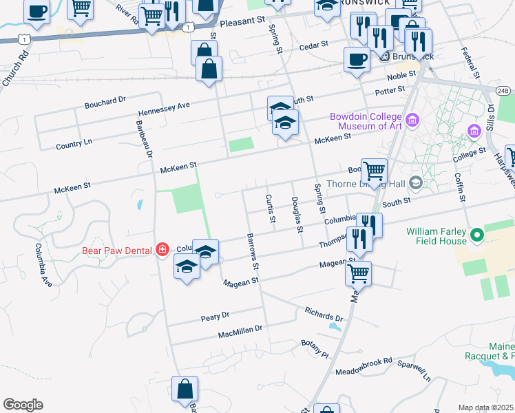 map of restaurants, bars, coffee shops, grocery stores, and more near 40 Belmont Street in Brunswick