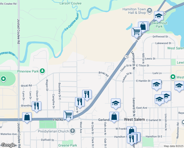 map of restaurants, bars, coffee shops, grocery stores, and more near 539D Brickl Road in West Salem