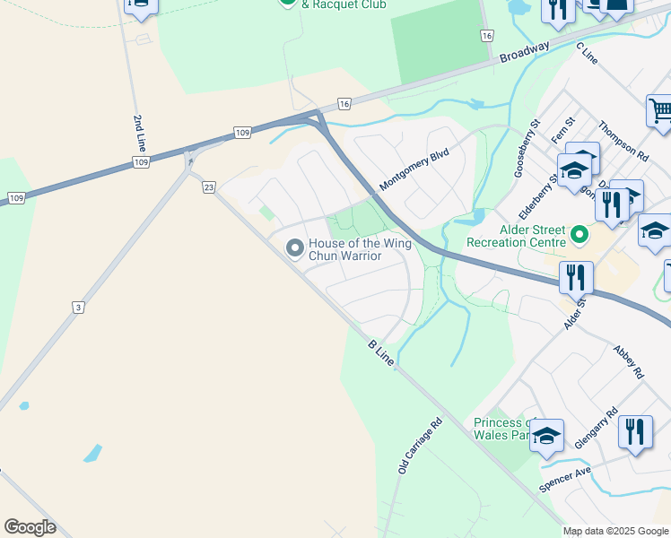 map of restaurants, bars, coffee shops, grocery stores, and more near 31 Fendley Road in Orangeville