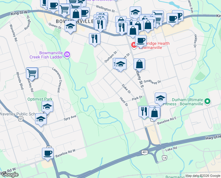 map of restaurants, bars, coffee shops, grocery stores, and more near 14A Hunt Street in Clarington