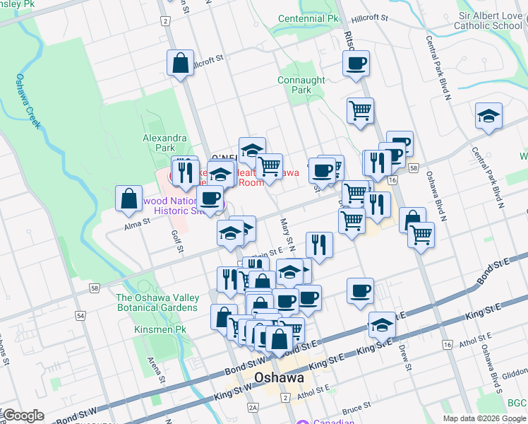 map of restaurants, bars, coffee shops, grocery stores, and more near 50 Adelaide Avenue East in Oshawa