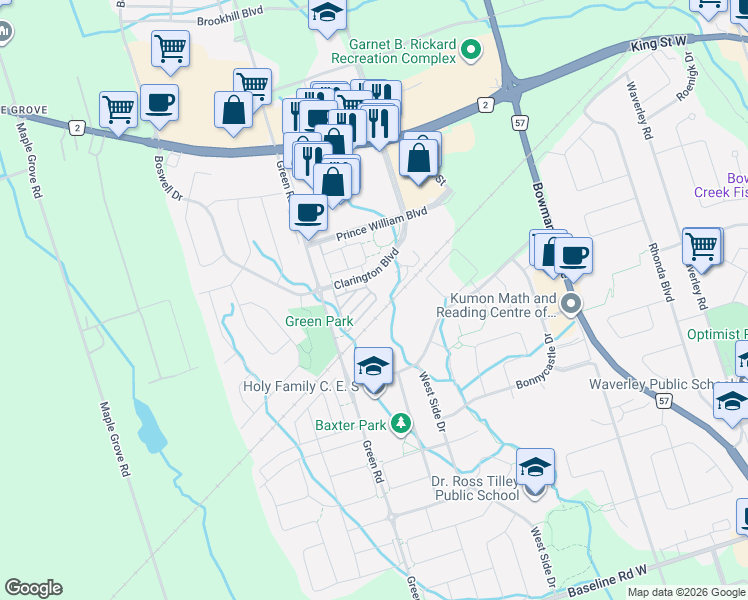 map of restaurants, bars, coffee shops, grocery stores, and more near 2 King William Way in Clarington