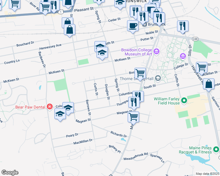 map of restaurants, bars, coffee shops, grocery stores, and more near 25 Belmont Street in Brunswick