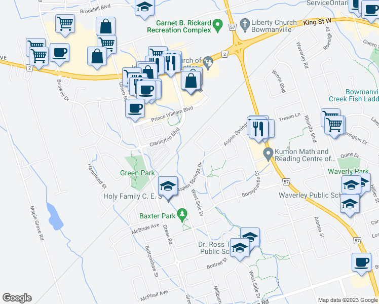 map of restaurants, bars, coffee shops, grocery stores, and more near 94 Aspen Springs Drive in Bowmanville