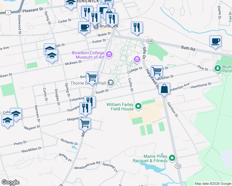 map of restaurants, bars, coffee shops, grocery stores, and more near 21 Longfellow Avenue in Brunswick