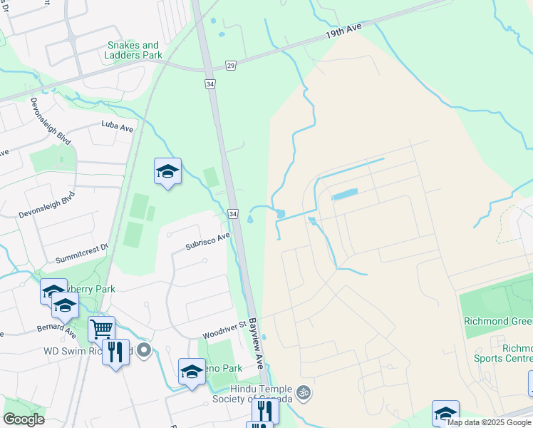 map of restaurants, bars, coffee shops, grocery stores, and more near 11221 Bayview Avenue in Richmond Hill