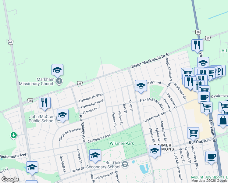 map of restaurants, bars, coffee shops, grocery stores, and more near 62 Willow Street in Markham
