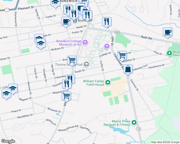 map of restaurants, bars, coffee shops, grocery stores, and more near 21 Longfellow Avenue in Brunswick