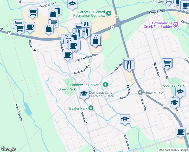 map of restaurants, bars, coffee shops, grocery stores, and more near 94 Aspen Springs Drive in Bowmanville