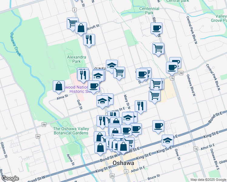 map of restaurants, bars, coffee shops, grocery stores, and more near in Oshawa