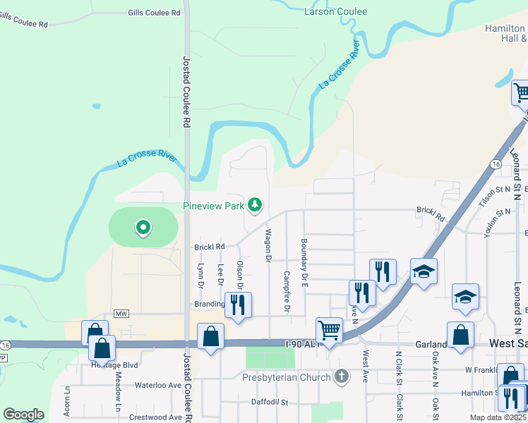 map of restaurants, bars, coffee shops, grocery stores, and more near 710 Wagon Drive in West Salem