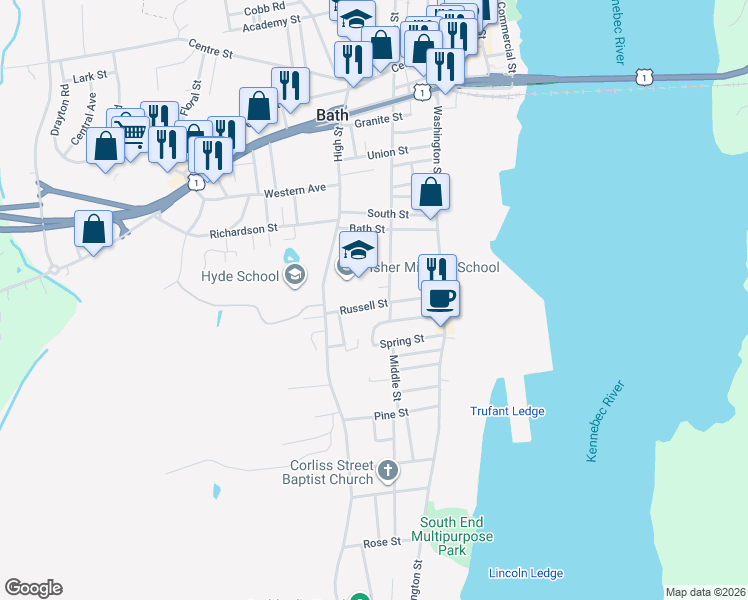 map of restaurants, bars, coffee shops, grocery stores, and more near 69 Russell Street in Bath