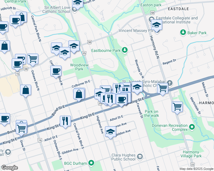 map of restaurants, bars, coffee shops, grocery stores, and more near 159 Claymore Crescent in Oshawa