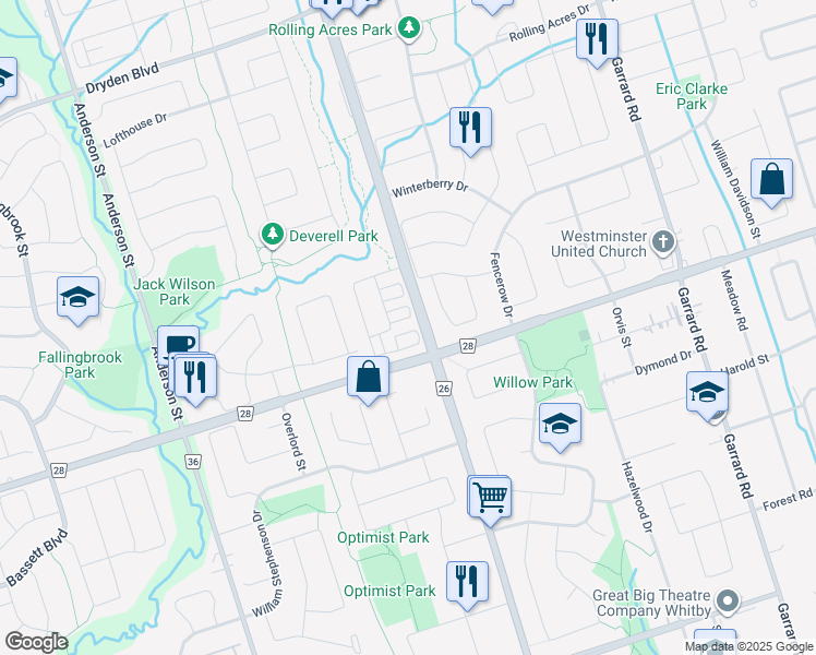 map of restaurants, bars, coffee shops, grocery stores, and more near 52 Porcelain Way in Whitby