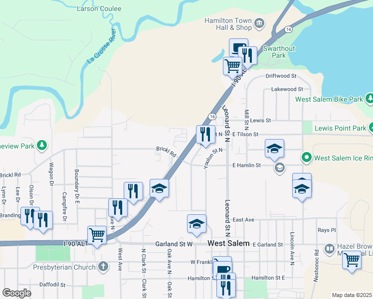 map of restaurants, bars, coffee shops, grocery stores, and more near Wisconsin 16 in West Salem