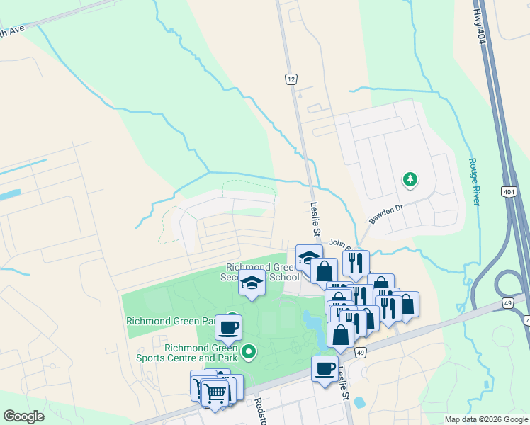 map of restaurants, bars, coffee shops, grocery stores, and more near 14 Ness Drive in Richmond Hill