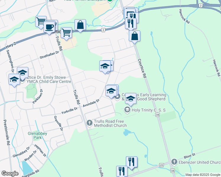 map of restaurants, bars, coffee shops, grocery stores, and more near 100 Fieldcrest Avenue in Courtice