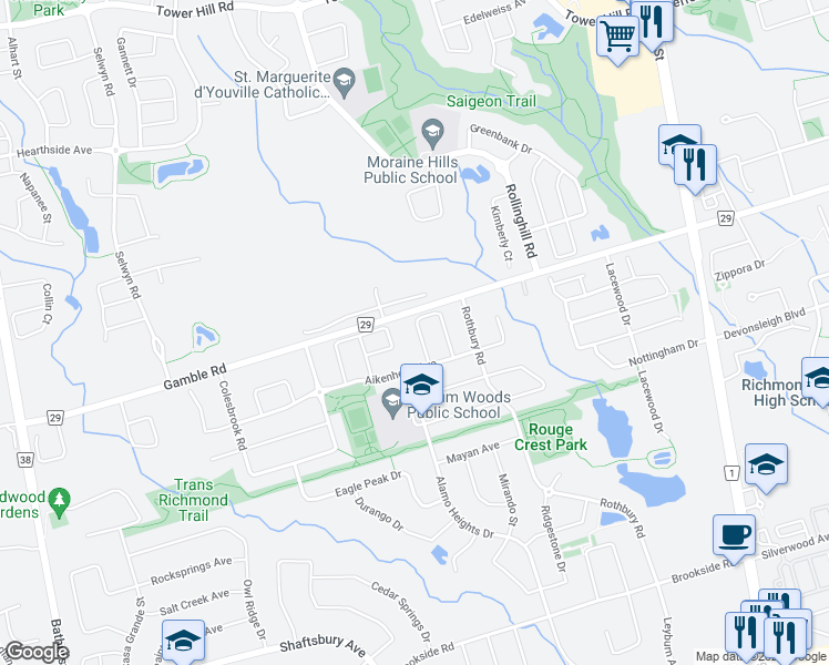 map of restaurants, bars, coffee shops, grocery stores, and more near 59 Maffey Crescent in Richmond Hill