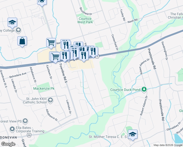 map of restaurants, bars, coffee shops, grocery stores, and more near 14 Darlington Boulevard in Courtice
